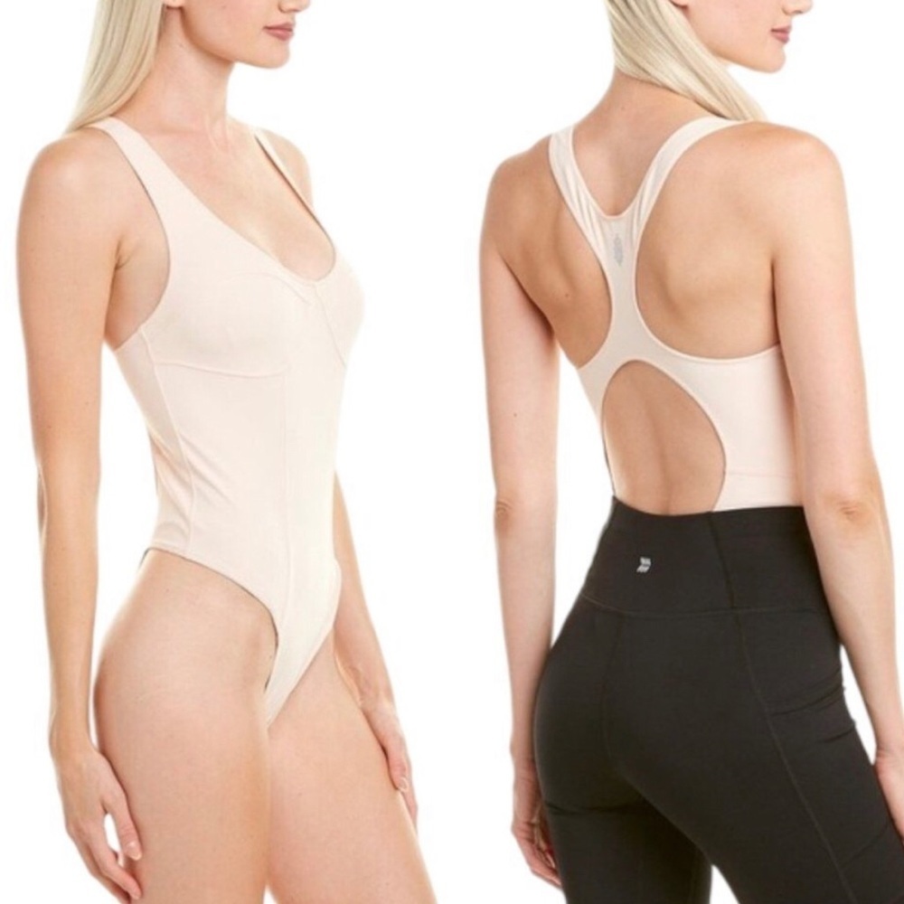 Free People Movement Thong Leotard Bodysuit Size S Peach Balletcore Neutral NWT